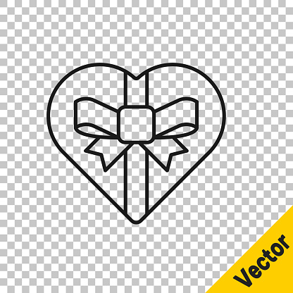 Black line Candy in heart shaped box and bow icon isolated on transparent background. Valentines Day. Vector.