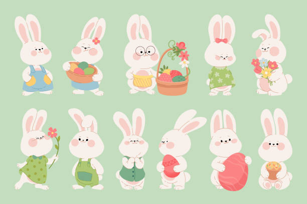 Collection of cute Easter rabbits. Cartoon happy characters of bunnies couples with painted eggs, and flowers. Kawaii hares for Easter card, sticker, banner, and package design. Vector illustration Collection of cute Easter rabbits. Cartoon happy characters of bunnies couples with painted eggs, and flowers. Kawaii hares for Easter card, sticker, banner, and package design. Vector illustration easter easter egg eggs basket stock illustrations