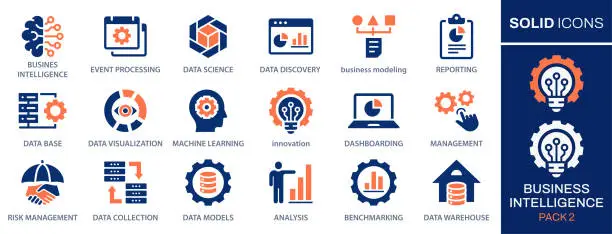 Vector illustration of Set of business Intelligence icons, such as benchmark, machine learning, data modeling, and more. Vector illustration. Easily changes to any color.