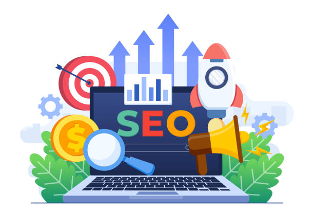 ilustraciones, imágenes clip art, dibujos animados e iconos de stock de plantilla vectorial de ilustración plana de concepto de optimización de motores de búsqueda, crecimiento de seo, ventana de búsqueda del navegador en la pantalla de la computadora portátil con una lupa - motor de búsqueda