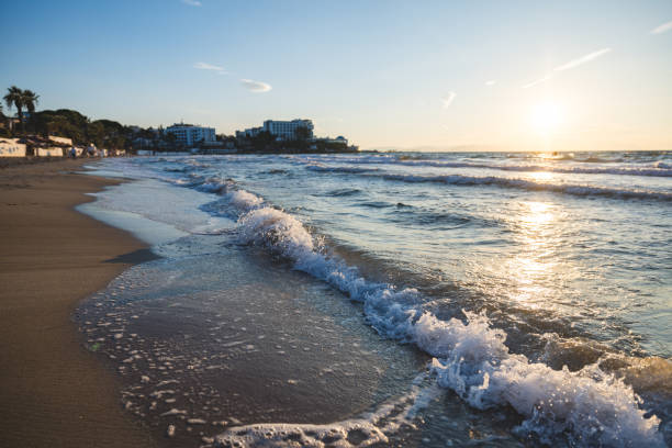 A serene view of sunset at Ladies Beach with waves gently lapping the shore, showcasing a calming seascape and vacation atmosphere.