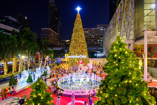 Bangkok, Thailand - November 26, 2019: Great arrangement lights decorate the Christmas Tree Pre-opening Celebration 2020 at Central World Department store for Christmas day and Happy New Year.