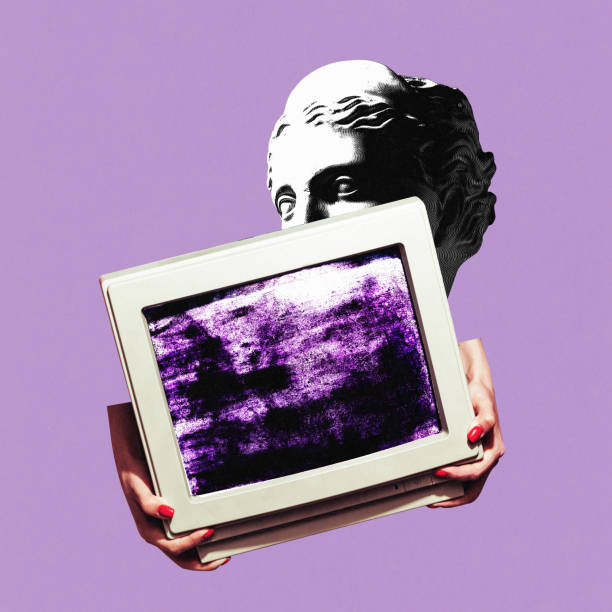 istock Contemporary art collage. Postmodern artwork. Antique Greek monument holds retro computer monitor with crashed screen. 1892164105