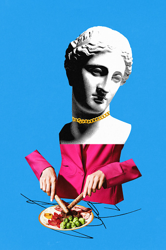Contemporary art collage. female body with bust of antique renaissance statue eating delicious dish against blue background. Concept of comparisons of eras, food and drinks, dieting.