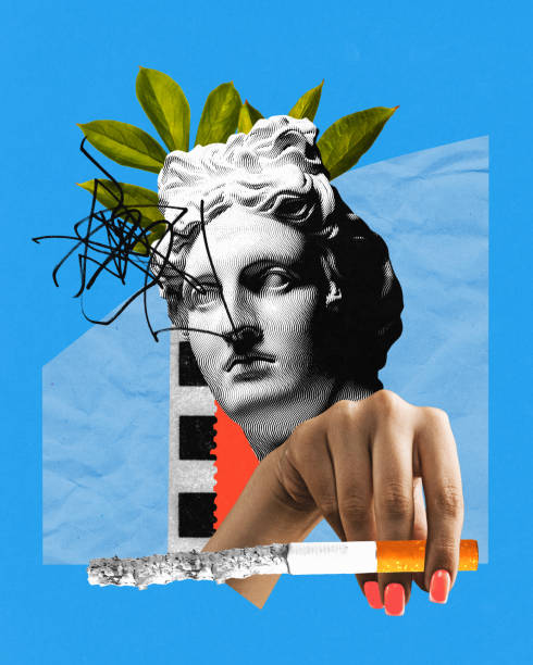 istock Contemporary art collage. Postmodern artwork. Antique statue in black and white filter with plants on head and holds cigarette. 1892164119