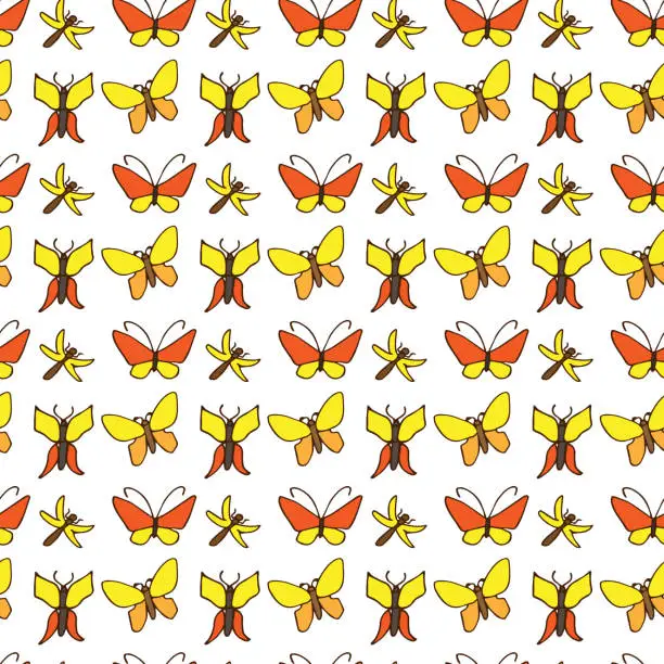 Vector illustration of Color seamless pattern of yellow butterflies on white background. Flying insects, background for wrapping paper, notebook and album covers. Children's wallpaper in cartoon style.