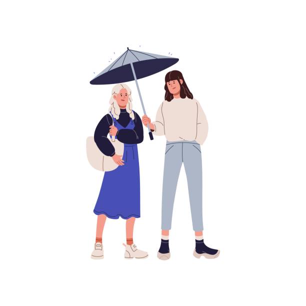 illustrations, cliparts, dessins animés et icônes de des gens qui marchent par temps de pluie. des amis heureux se cachant sous un parapluie à l’abri de la pluie. une fille offre de l’aide, tenant un parasol. adolescents debout sous parapluie. illustration vectorielle isolée plate sur fond blanc - rain women umbrella parasol