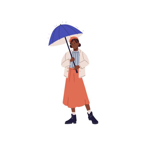 illustrations, cliparts, dessins animés et icônes de jolie fille en béret posant sous un parapluie. enfant heureux debout, tenant un parasol, se cachant de la pluie. l’enfant joyeux avec un parapluie se réjouit du temps pluvieux. illustration vectorielle isolée plate sur fond blanc - rain women umbrella parasol