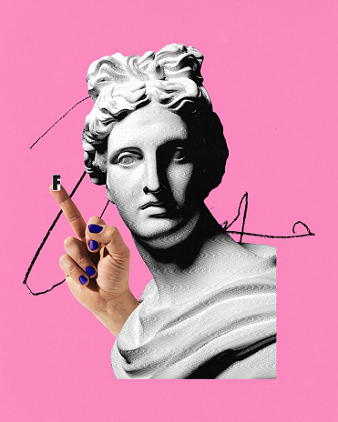Contemporary art collage. Postmodern artwork. Antique Greek monument showing unacceptable gestures against pink background. Concept of comparisons of eras, fashion and style, absurd. Ad