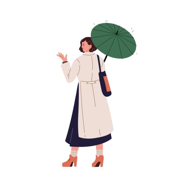 illustrations, cliparts, dessins animés et icônes de jeune femme élégante en imperméable sous parapluie vue de dos. fille d’affaires tenant un parasol, se cachant de la pluie. personne avec parapluie debout par temps de pluie. illustration vectorielle isolée plate sur fond blanc - rain women umbrella parasol