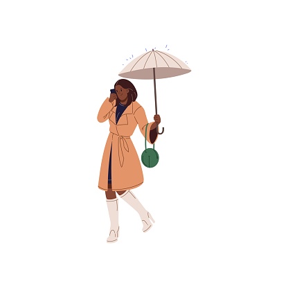 Stylish young woman in autumn coat under umbrella talk by phone. Business girl holding parasol, walking in rain. Brolly protecting people from rainy weather. Flat isolated vector illustration on white.