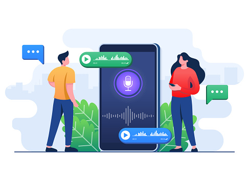 Flat-style vector illustration of People use voice control application on the smartphone, Voice message, Voice recognition, Online voice assistance concept for website banner, online advertisement, marketing material, business presentation, poster, landing page, and infographic