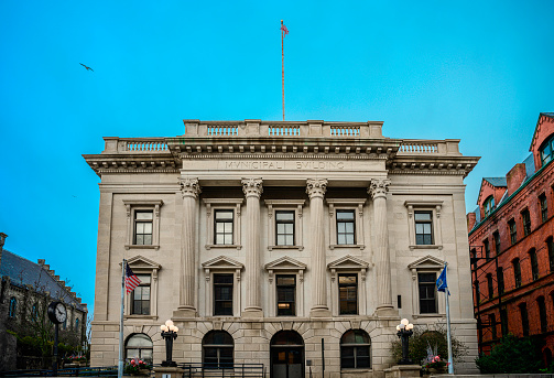 Providence, Rhode Island, USA- November 22, 2022: Quiet morning on S. Main street in Providence where old traditional brick buildings can be seen. On this street we can find the Superior Court and the offices of the Attorney General of Rhode Island.