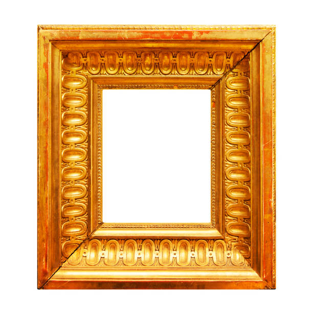 blank ancient horizontal golden picture frame with cutout canvas isolated on white background
