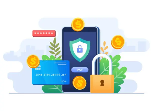 Vector illustration of Secure mobile banking payment concept flat illustration vector template, Digital banking, Internet money, Safe online money transaction, Credit card payment