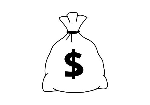 Hand drawn cute outline illustration of money bag with dollar sign. Flat vector sack with currency sticker in line art doodle style. Financial literacy or bank deposit icon. Financial wealth. Isolated