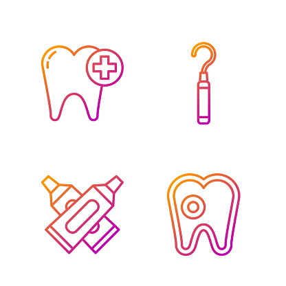 Set line Tooth with caries, Crossed tube of toothpaste, Tooth and Dental explorer scaler for teeth. Gradient color icons. Vector