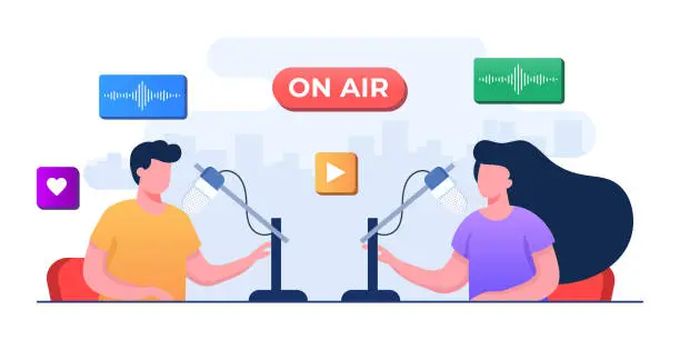 Vector illustration of Live broadcast of video or audio podcast on the internet, People talking to microphones and recording podcast, Live online interview concept flat illustration vector template