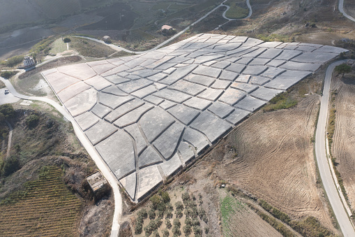 Sicily 2023. Aerial view of the work of art called Cretto di Burri and the surrounding countryside. July 2023 Trapani, Italy