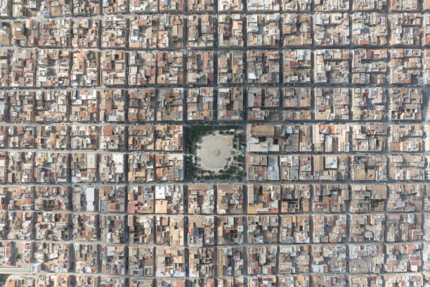 istock Symmetrically distributed city streets. Sunny day. View from the plane. Aerial view of Grammichele, a town near Catania, Sicily, Italy. 1892273654