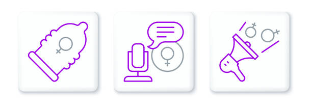 ilustrações de stock, clip art, desenhos animados e ícones de set line feminist activist, condom and microphone icon. vector - sex and reproduction audio