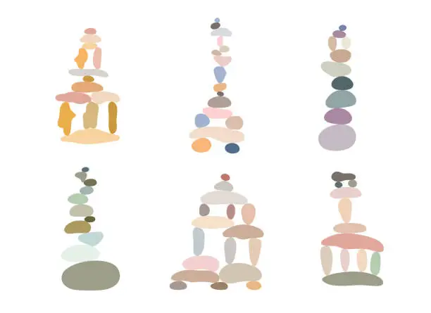 Vector illustration of Zen stone cairns set in simple abstract doodle style vector illustration, relax, meditation yoga concept, boho color stone pyramid for making banner, poster, card, print, wall art