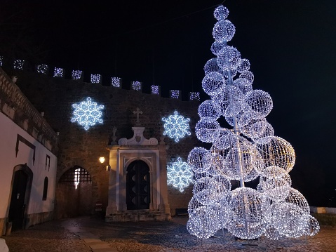 Óbidos village, Portugal with Christmas lights and Christmas tree