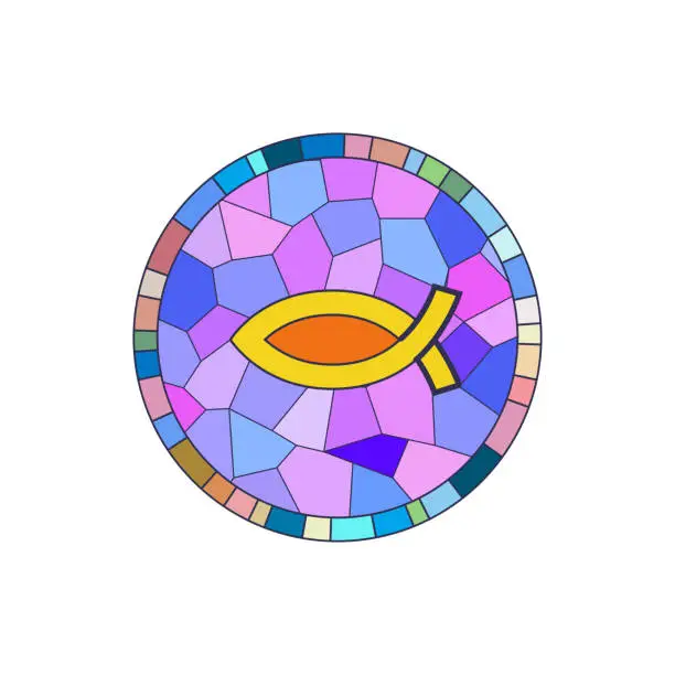 Vector illustration of Stained glass round window with Jesus fish Christian religious symbol