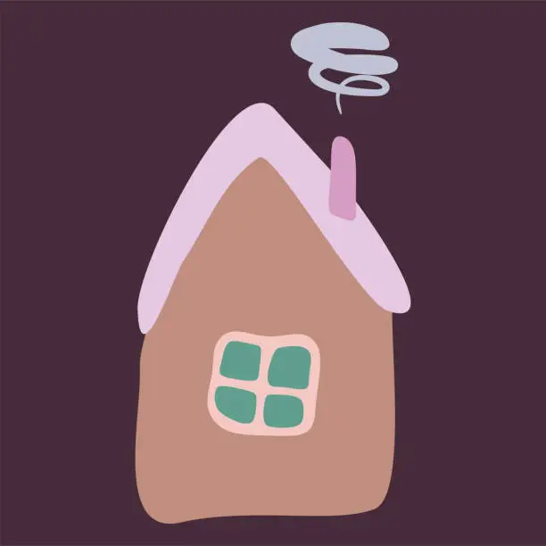 Vector illustration of Small Colorful crooked house in Flat style with Smoke from Chimney, Roof and Window. Cartoon Children drawing Vector illustration Isolated white background. Design art Home for Sticker, Card, Poster.