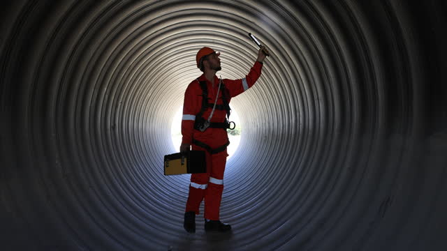 Safety engineer with red safety uniform and safety harness checking inside of huge tube at the construction site