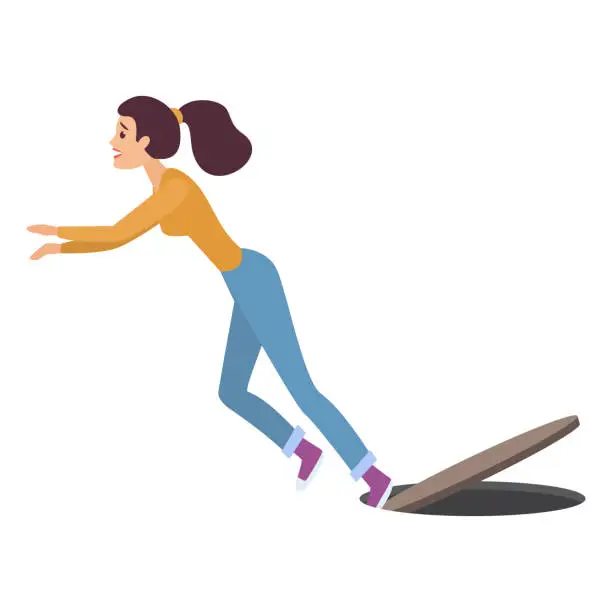 Vector illustration of Careless woman walking, slipped girl falling into open sewer hatch