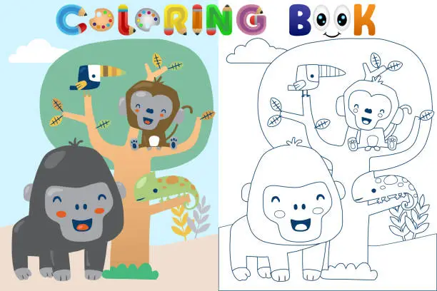 Vector illustration of Vector coloring book with funny animals cartoon in forest