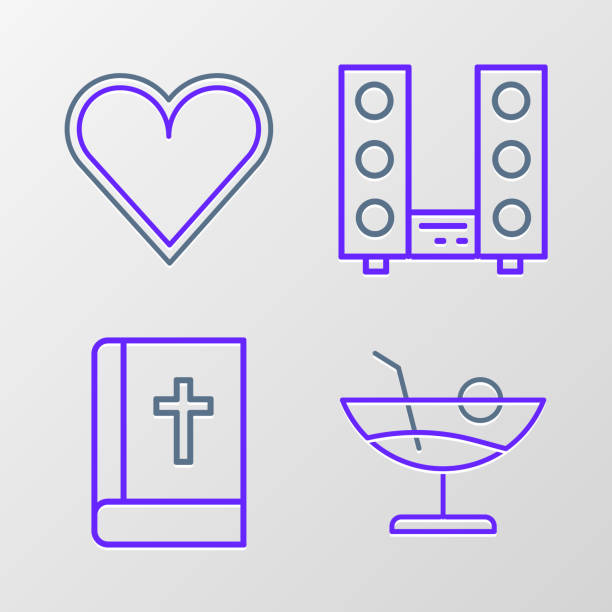 ilustrações de stock, clip art, desenhos animados e ícones de set line cocktail, holy bible book, home stereo with two speakers and heart icon. vector - food and drink industry audio