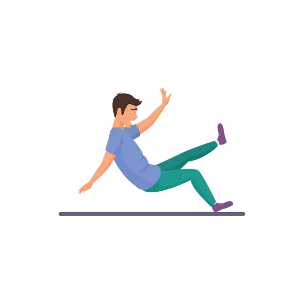 Vector illustration of Careless unhappy man running and falling down on slippery surface