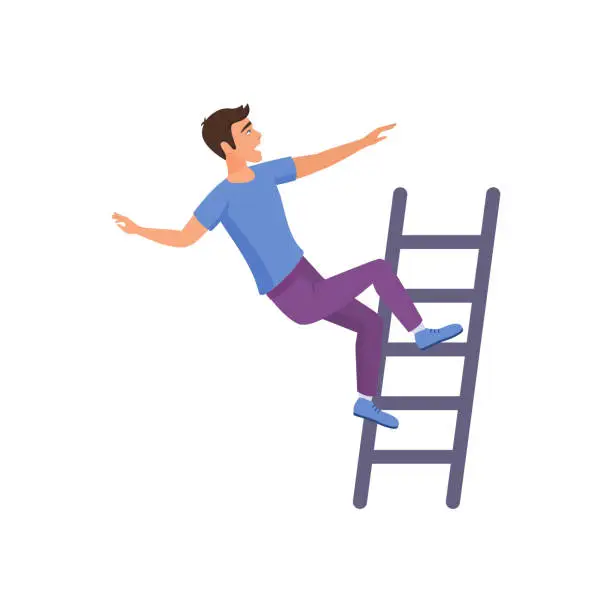 Vector illustration of Man flying down, falling from rungs of ladder with risk of injury