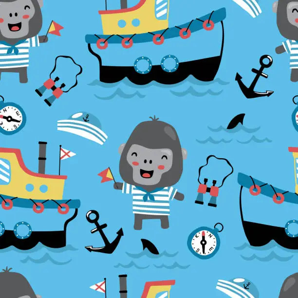 Vector illustration of Vector seamless pattern of cartoon illustration funny gorilla in sailor suit with sailing elements