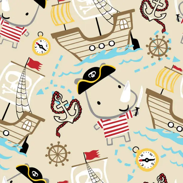 Vector illustration of Vector seamless pattern of rhinoceros in pirate costume with sailing elements