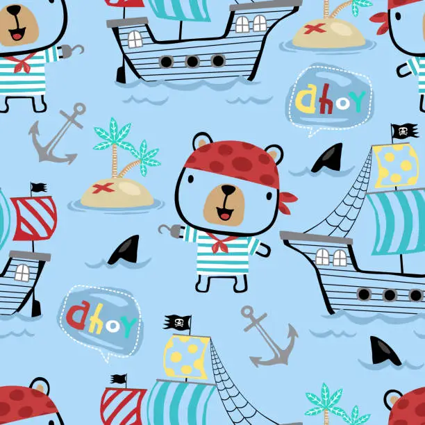 Vector illustration of Vector seamless pattern of funny bear cub in pirate costume with sailing elements