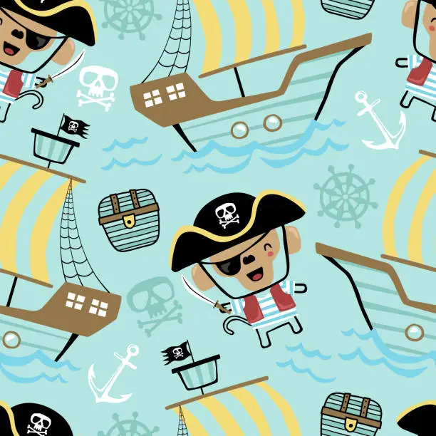 Vector illustration of Vector seamless pattern of funny monkey in pirate costume with sailing elements