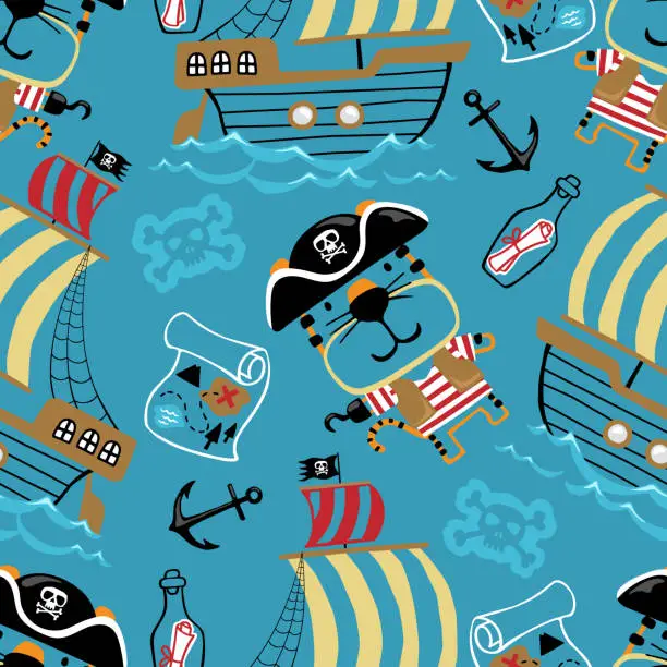 Vector illustration of Vector seamless pattern of funny tiger in pirate costume with sailing elements