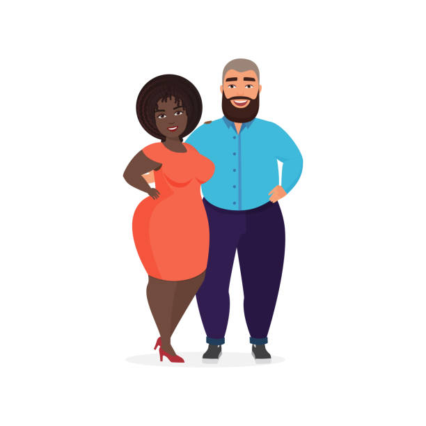 Young plus size couple standing together, happy man with beard hugging woman in red dress Young plus size couple standing together, happy man with beard hugging woman in red dress vector illustration fat humor black expressing positivity stock illustrations