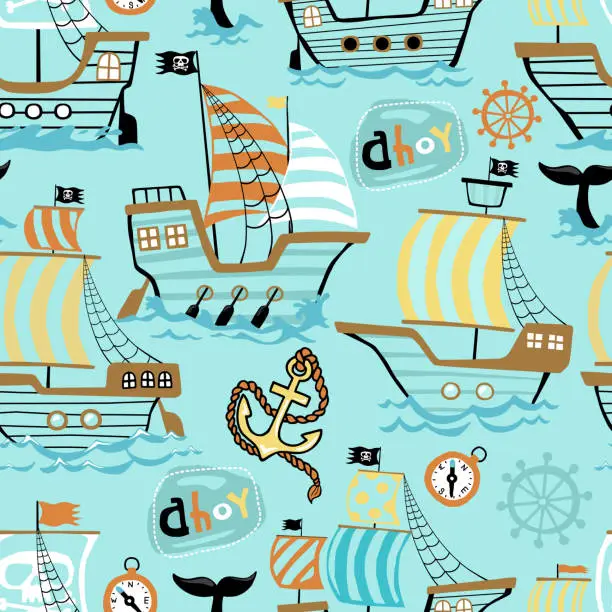 Vector illustration of Vector seamless pattern of sailboat with sailing elements