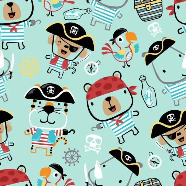 Vector illustration of Vector seamless pattern of cute animals in pirate costume with sailing elements