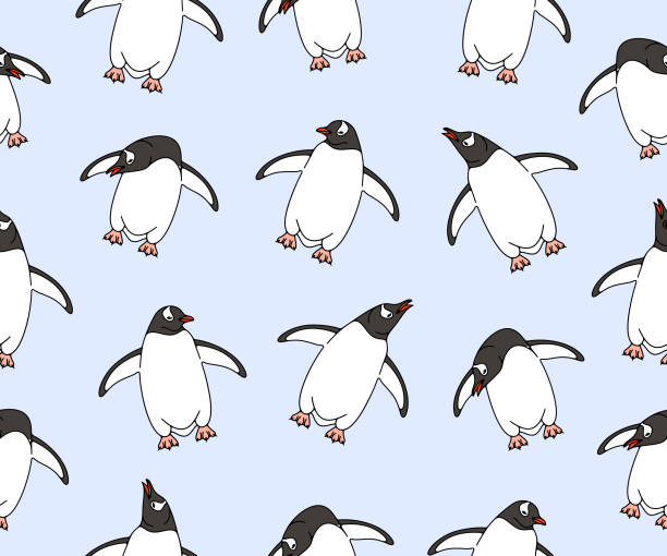 ilustrações, clipart, desenhos animados e ícones de pinguins subantárticos ou pinguins gentoo, fundo vetorial sem costura e padrão. animais, pássaros, aves, plumas, antártida e natureza, design vetorial e ilustração - flightless bird water bird gentoo penguin penguin