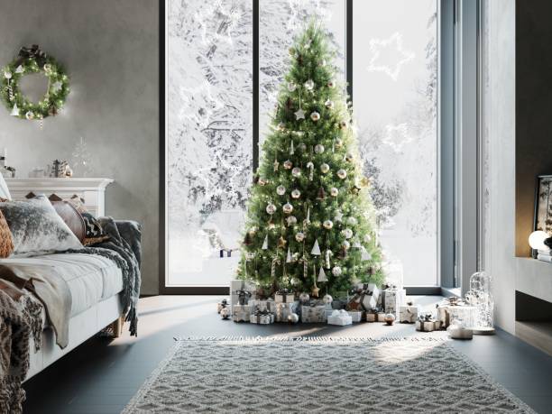 istock Christmas Interior in Scandinavian Style. Large Green Christmas Tree by the Panoramic Window and Christmas Gifts. Festive Living Room Interior with Christmas Tree. 1892403903