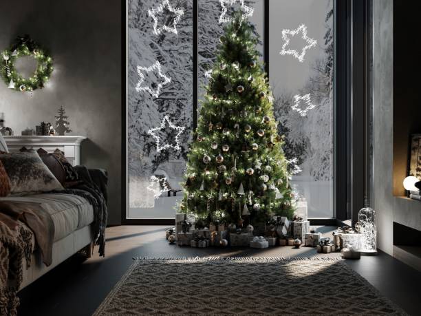istock Christmas Interior in Scandinavian Style. Large Green Christmas Tree by the Panoramic Window and Christmas Gifts. Festive Living Room Interior with Christmas Tree. 1892404422
