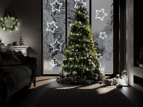Christmas Interior in Scandinavian Style. Large Green Christmas Tree by the Panoramic Window and Christmas Gifts. Festive Living Room Interior with Christmas Tree.