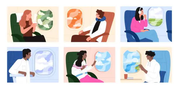 Vector illustration of Passengers travel by air plane, people sitting by window set, looking outside porthole