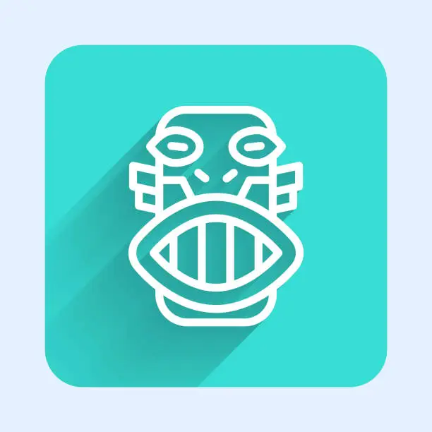 Vector illustration of White line Mexican mayan or aztec mask icon isolated with long shadow background. Green square button. Vector