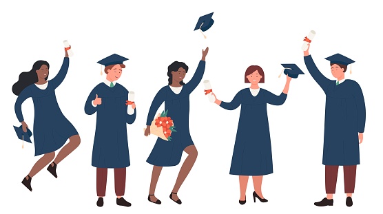 Happy graduate students vector illustration. Cartoon flat young people of different nations jumping with cap, certificate or diploma in hands, characters celebrating graduation education background
